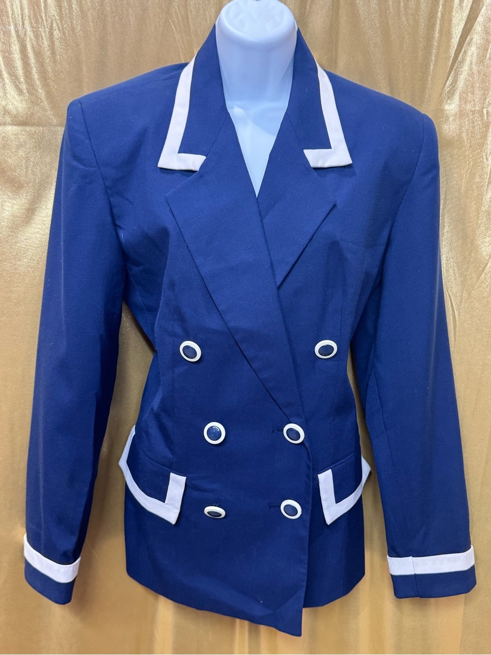 Vintage Morgan Miller Royal Blue Double Breasted Blazer White Trim Size 8